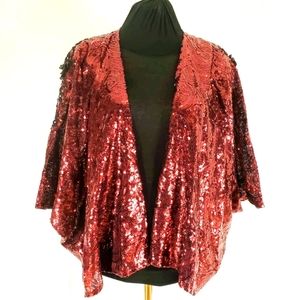 Burgundy sequin open front kimono jacket with black embroidered floral details.
